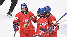 eská osmnáctka získala na Hlinka Gretzky Cupu stíbro. Z gólu se raduje zleva...