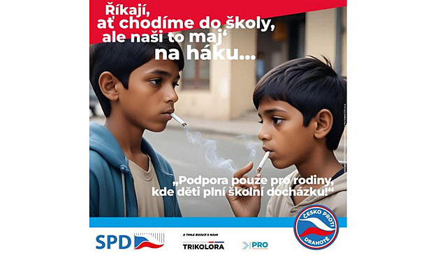 Romské děti s cigaretami v ústech. SPD čelí kvůli plakátu trestnímu oznámení