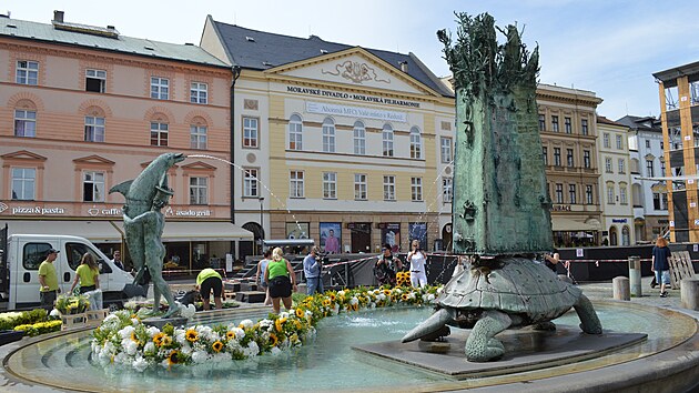 Kvtiny vyskldan ve tvaru Hogardovy kivky zdob od tvrtka 22. srpna Arionovu kanu na olomouckm Hornm nmst.