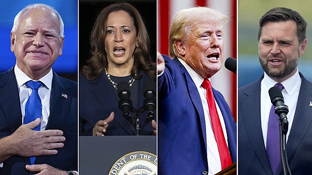Zleva Tim Walz, Kamala Harrisov�, Donald Trump, J. D. Vance