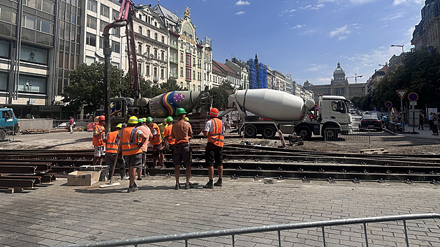 Opravy a stavba tramvajov trati na Vclavskm nmst (21. srpna 2024)