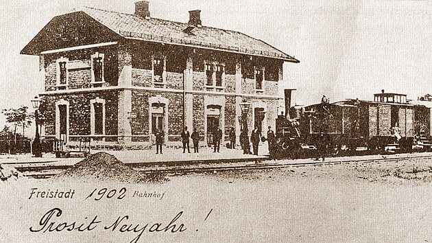 Stanice Fry�t�t (Karvin� m�sto) na dobov� pohlednici z roku 1902. GPS: 49.8602819N, 18.5467725E