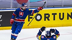 Martin Gernát (vlevo) a Kristián Pospí�il slaví gól Slovenska v kvalifika�ním...