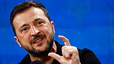 Ukrajinský prezident Volodymyr Zelenskyj hovo�í na tiskové konferenci v Kyjev�....