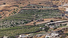 Letecký pohled na vinice na �eckém ostrov� Santorini