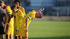 Jihlavský Michal Ho�ek se ochlazuje v utkání s Viktorií �i�kov.