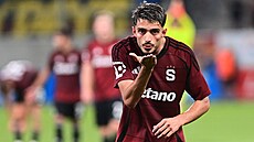 Spar�anský úto�ník Albion Rrahmani slaví sv�j první gól v �eské lize.