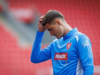 Patrik Schick na tréninku ped zápasem s Ukrajinou v Lize národ.