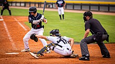 Jakub Winkler, chyta� Drak� Brno (v bílém), p�i zápase baseballové extraligy....