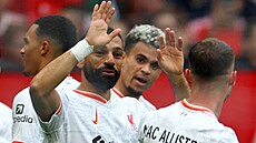 Mohamed Salah se svými spoluhrái z Liverpoolu slaví vstelený gól.