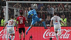 Gruzínský branká� Giorgi Mamarda�vili zasahuje proti st�ele Adama Hlo�ka z...