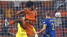 Nizozemský úto�ník Joshua Zikrzee st�ílí gól v utkání proti Bosn�.