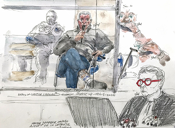 Dominique Pelicot na soudní kresb (17. záí 2024)