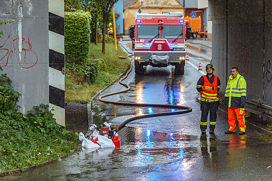 Hasi�i od�erpávají vodu v Bílovicích nad Svitavou. (14. zá�í 2024)