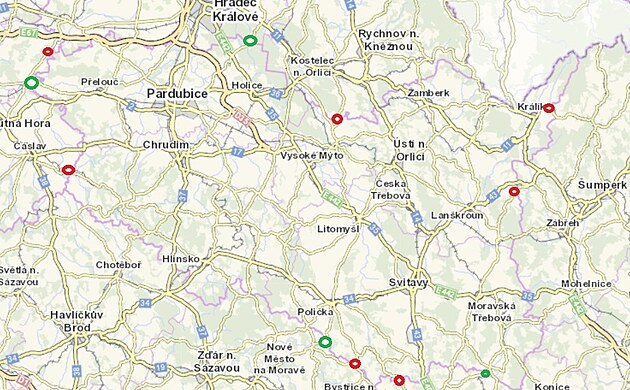 Mapa Pardubického kraje s vyznaenými silnicemi I. a. II. tídy vetn dálnic....