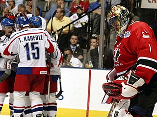 Zklaman kanadsk brank Roberto Luongo a v pozad radost eskch hokejist,...