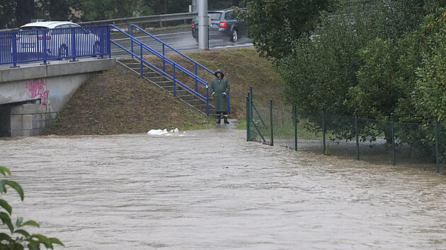 Situace ve Splavn ulici u potoka Porubky v Ostrav - Porub byla stle vce kritick a asi dvacet lid se proto muselo evakuovat. (14. z 2024)