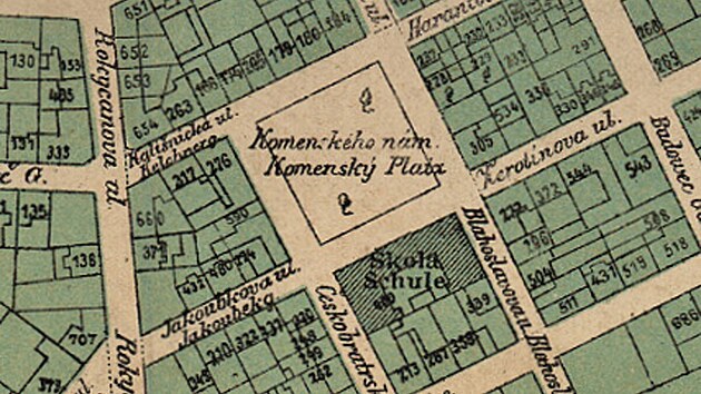 Historick mapa ikova s Komenskho nmstm
