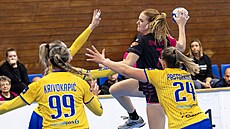 Alexandra Koubouvá z DHC Plze� st�ílí v zápase s Dunajskou Stredou.
