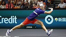 �eský tenista Jakub Men�ík se natahuje po mí�ku v utkání Davis Cupu proti...
