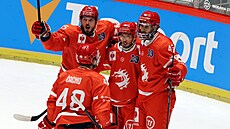 Richard Nedomlel, Patrik Hrehor�ák a Daniel Kurovský (zleva) se radují z gólu...