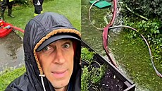 Herci Romanovi Vojtkovi pomáhali hasi�i od�erpávat vodu ze zahrady u jeho domu...