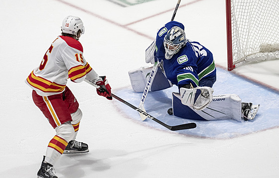 Ji�í Patera (30) z Vancouveru �elí nájezdu Drydena Hunta z Calgary.
