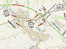 Mapka objzdnch tras kvli uzve dlninho tunelu v Klimkovicch u Ostravy....