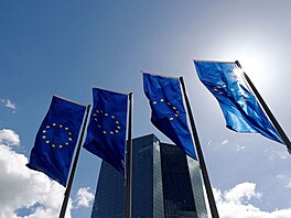 Vlajky Evropské unie p�ed sídlem Evropské centrální banky (ECB) ve Frankfurtu...