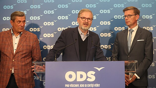 Petr Fiala na tiskov konferenci ODS k volebnm vsledkm krajskch a sentnch voleb. (21. z 2024)