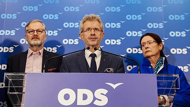 Petr Fiala a Milo Vystril na tiskov konferenci k vsledkm voleb do Sentu. (28. z 2024)