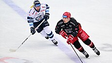 Zleva Kelly Klíma nahání Jordanna Perreta z Hradce Králové.