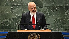 Albánský premiér Edi Rama pi projevu v sídle OSN v New Yorku (22. záí 2024)