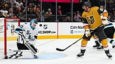 Gólman Utahu Jaxson Stauber zasahuje v p�ípravném utkání proti Vegas, na...
