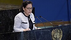 Prezidentka Marshallových ostrov Hilda Heineová hovoí na Summitu budoucnosti...