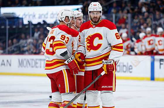 Daniil Miromanov z Calgary oslavuje sv�j gól, gratuluje mu i Martin Frk (vlevo).