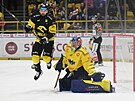 Nicolas Hlava nadskakuje p�ed letícím pukem u branky �eských Bud�jovic.