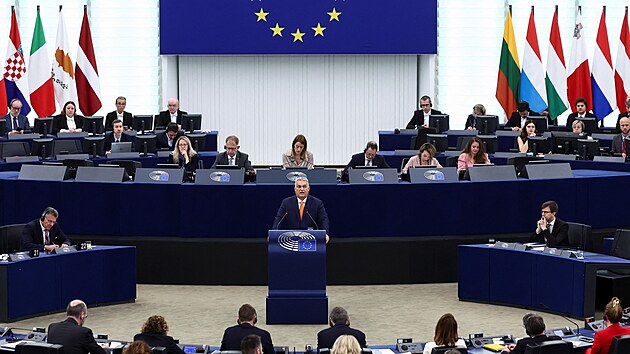 Ma�arsk� premi�r Viktor Orb�n na plen�rn�m zased�n� Evropsk�ho parlamentu ve �trasburku p�edstavil priority p�edsednictv� sv� zem� v Rad� EU. (9. ��jna 2024)