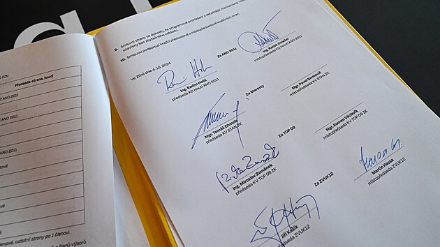 Koalin smlouva ve Zlnskm kraji podepsan zstupci hnut ANO a STAN. (4. 10. 2024)