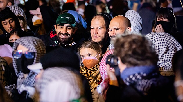 �v�dsk� aktivistka za klima Greta Thunbergov� na propalestinsk� demonstraci v Berl�n� (7. ��jna 2024)