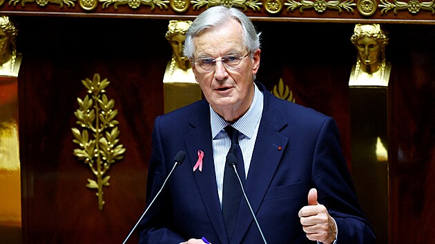 Francouzsk premir Michel Barnier pedn svj obecn politick projev v Nrodnm shromdn v Pai. (1. jna 2024)