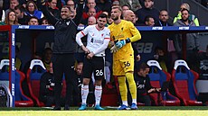 Obránce Andrew Robertson a branká Vítzslav Jaro se chystají na stídání za...