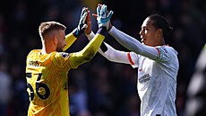 Virgil van Dijk a Vítzslav Jaro slaví vítzství Liverpoolu nad Crystal Palace.