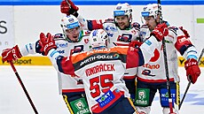 Pardubi�tí hokejisté slaví gól proti brn�nské Komet�.