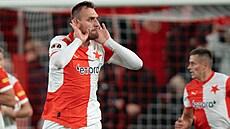 Slávista Tomá Chorý se raduje  v utkání Evropské ligy proti Ajaxu.