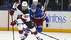 Jakub Zbo�il /vlevo) z New Jersey stíhaný Willem Cuyllem z New York Rangers.