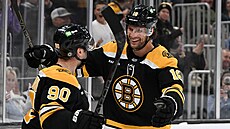 Pavel Zacha (vpravo) z Bostonu gratuluje ke vst�elenému gólu spoluhrá�i...