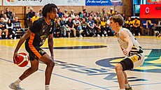 Jaron Fairweather (vlevo) z GBA Jindichv Hradec útoí v zápase s Pískem,...