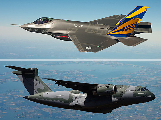 Stíhaka F-35 a letadlo Embraer C-390.