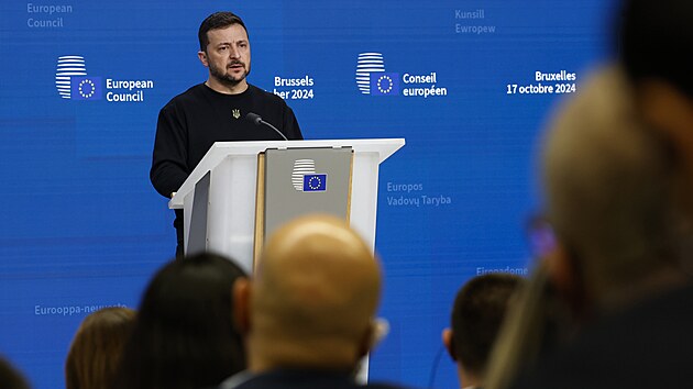 Ukrajinsk� prezident Volodymyr Zelenskyj na tiskov� konferenci po jedn�n� Evropsk� rady (17. ��jna 2024)